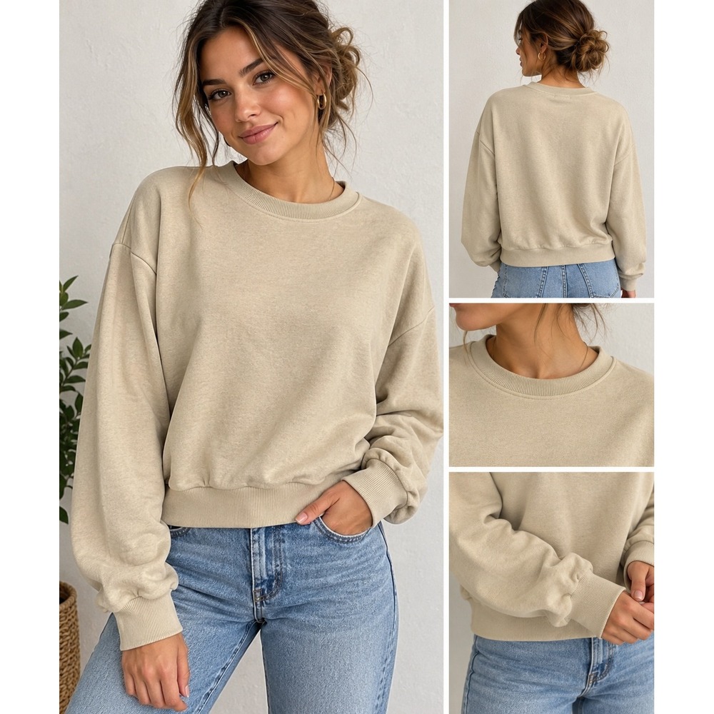 Pull&Bear Womens Sand Beige Cropped Crewneck Sweatshirt Size Small Relaxed Fit